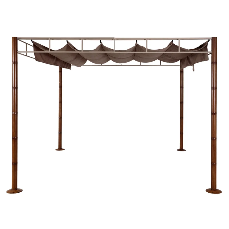 Pergola pavillon de jardin auvent de terrasse stable 7 cm structure métallique 3 x 3m aspect bambou taupe-marron 04_0008121
