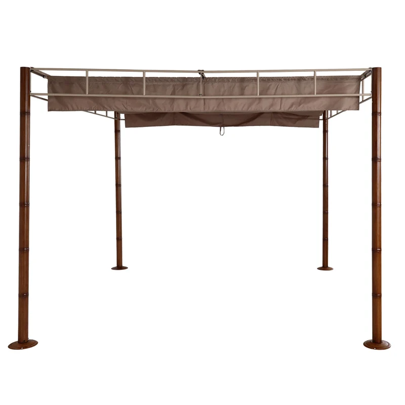 Pergola pavillon de jardin auvent de terrasse stable 7 cm structure métallique 3 x 3m aspect bambou taupe-marron 04_0008121