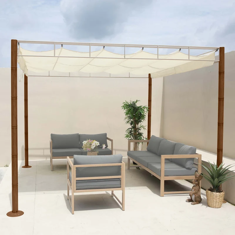 Pergola pavillon de jardin auvent de terrasse stable 7 cm structure métallique 3 x 3 m aspect bambou blanc crème 04_0008120