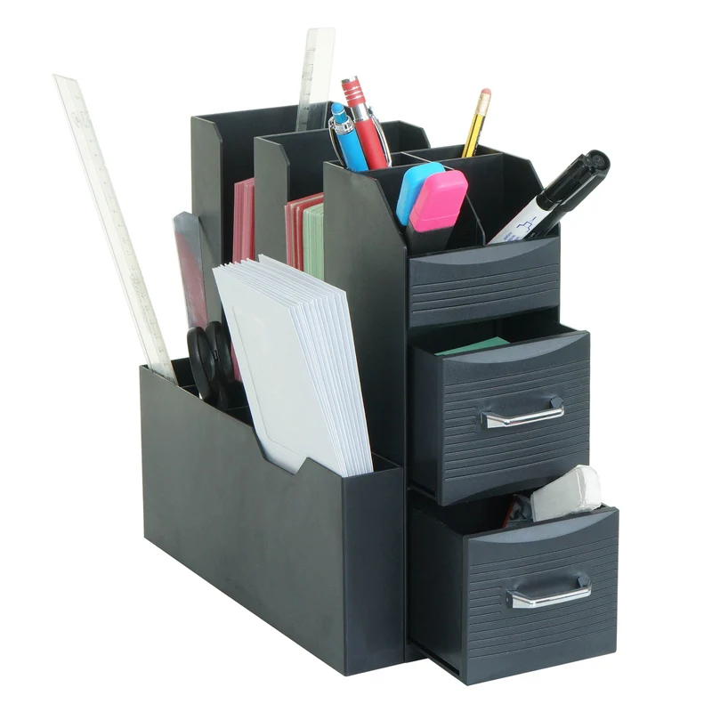 Organisateur de bureau porte-stylo boîte de rangement avec 2 tiroirs et 7 compartiments 29 x 14 x 33 cm 04_0007893