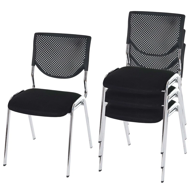 Lot de 4 chaises visiteur chaise de conférence empilable assise en tissu/textile noir pieds chrome 04_0007533