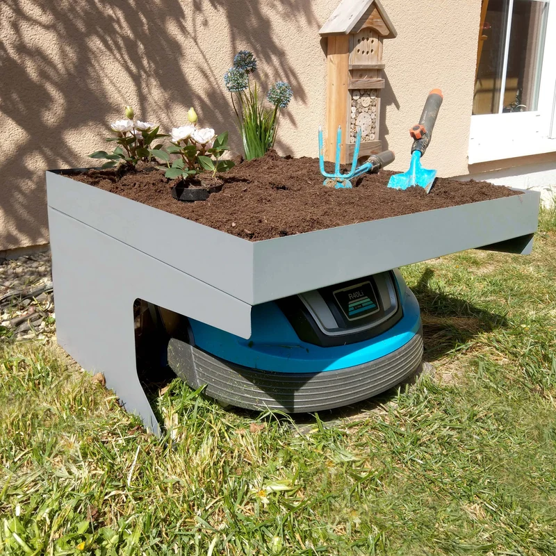 Abri pour robot tondeuse avec bac à plantes 37 x 60 x 70 cm en métal gris 04_0006939