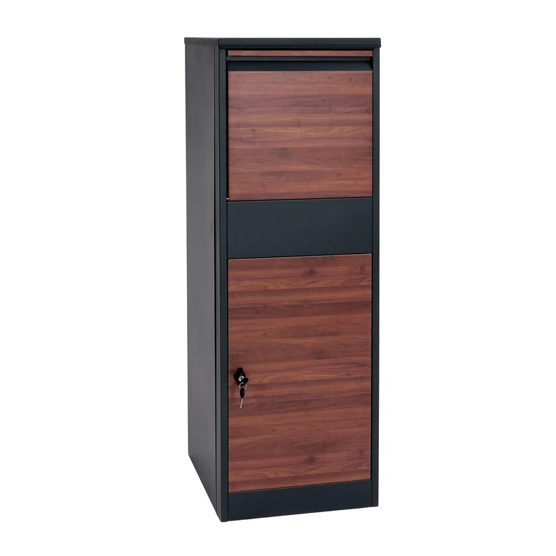 Boîte à colis sur pied avec serrure 140x46x45 acier aspect bois anthracite marron foncé 04_0005914