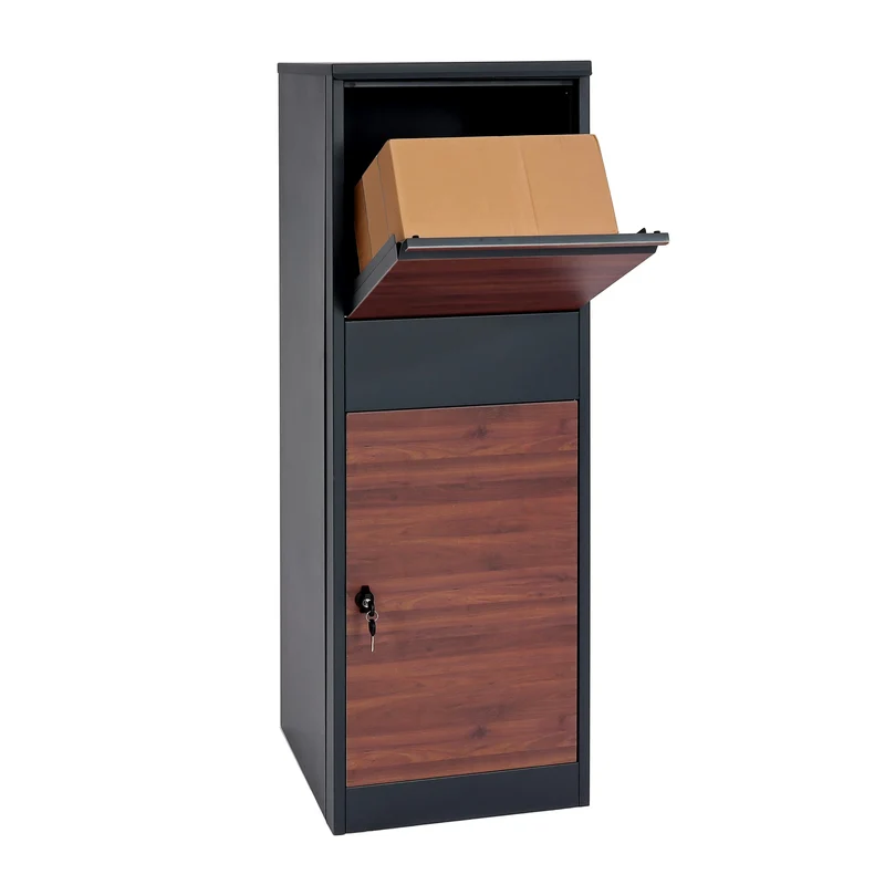 Boîte à colis sur pied avec serrure 140x46x45 acier aspect bois anthracite marron foncé 04_0005914