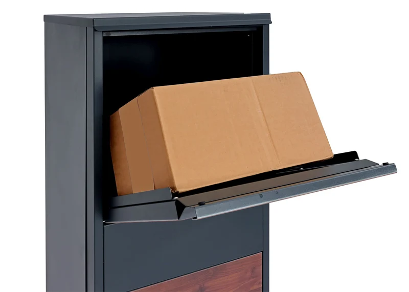 Boîte à colis sur pied avec serrure 140x46x45 acier aspect bois anthracite marron foncé 04_0005914