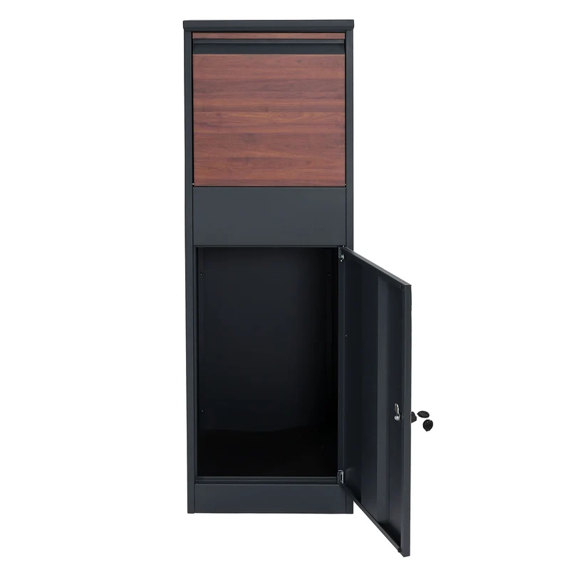 Boîte à colis sur pied avec serrure 140x46x45 acier aspect bois anthracite marron foncé 04_0005914