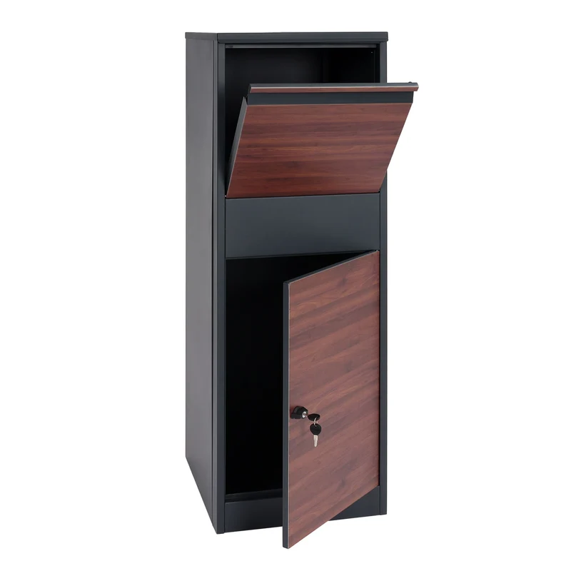 Boîte à colis sur pied avec serrure 140x46x45 acier aspect bois anthracite marron foncé 04_0005914