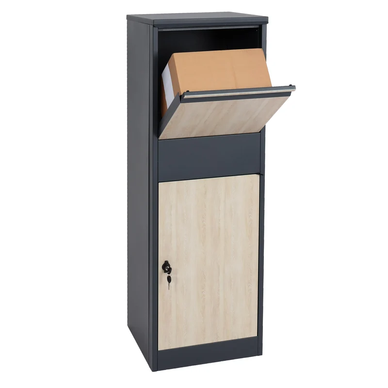 Boîte à colis sur pied avec serrure 140x46x45 acier aspect bois anthracite bois clair 04_0005911