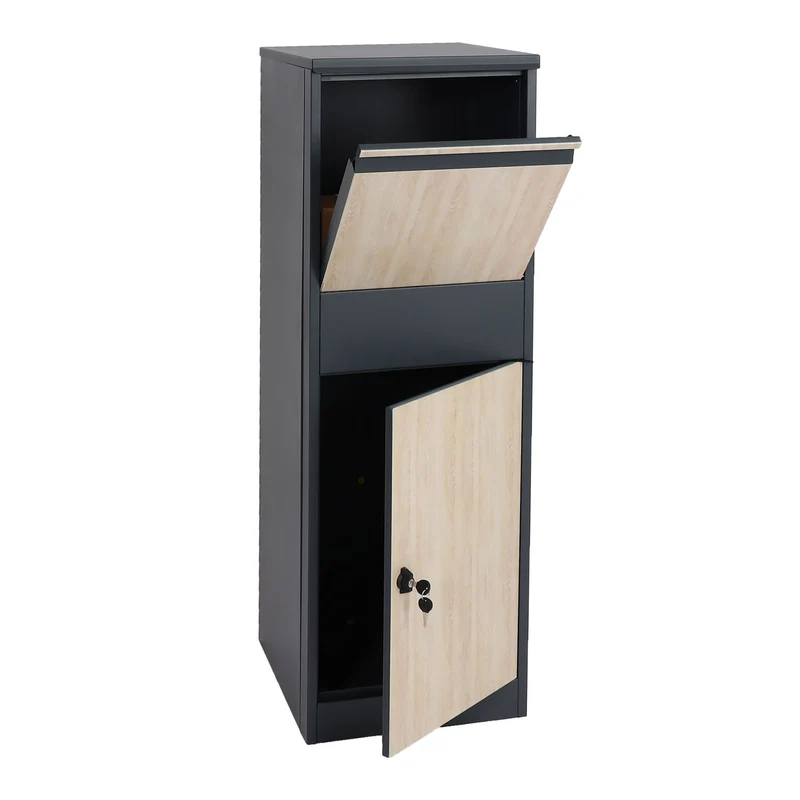 Boîte à colis sur pied avec serrure 140x46x45 acier aspect bois anthracite bois clair 04_0005911