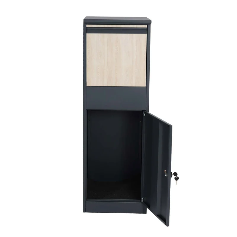Boîte à colis sur pied avec serrure 140x46x45 acier aspect bois anthracite bois clair 04_0005911