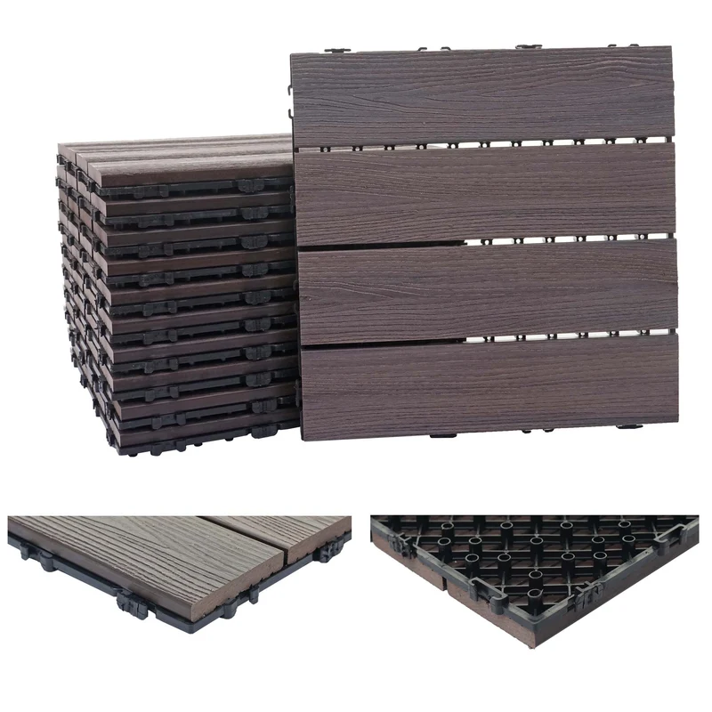 11x dalles carrelage WPC aspect bois balcon/terrasse structure 3d linéaire 30 x 30 cm = 1 m² gaufré gris-brun 04_0006193