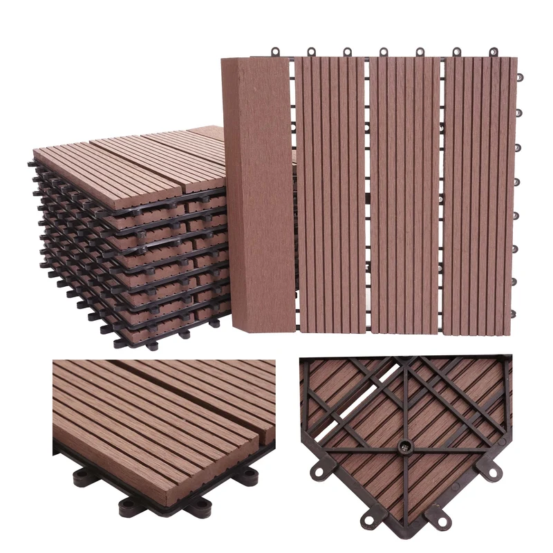 11x dalles carrelage WPC finition aspect bois balcon/terrasse 30 x 30 cm = 1 m² couleur café linéaire vertical 04_0006196