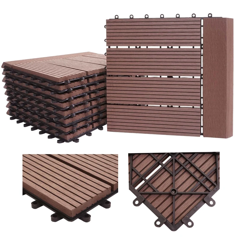 11x dalles carrelage WPC finition aspect bois balcon/terrasse 30 x 30 cm = 1 m² couleur café linéaire horizontal 04_0006195