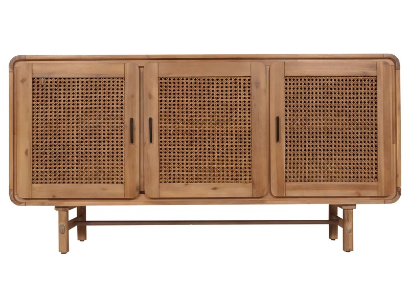 Buffet trois portes avec 4 compartiments de rangement en rotin bois acacia 82x160x45 cm 04_0005996