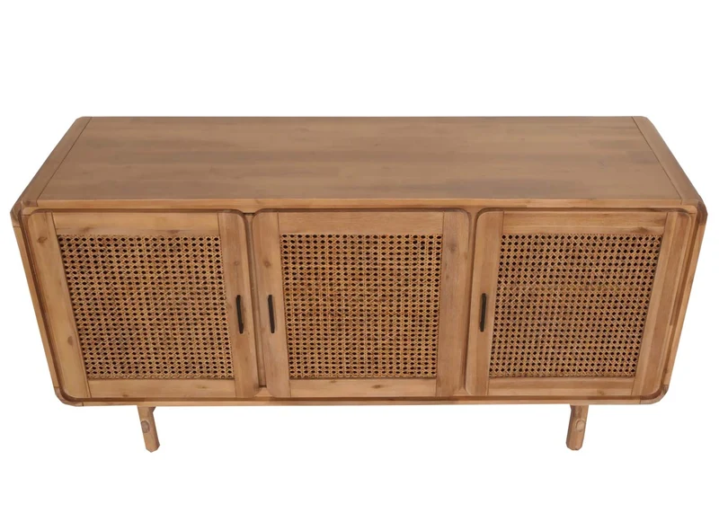 Buffet trois portes avec 4 compartiments de rangement en rotin bois acacia 82x160x45 cm 04_0005996