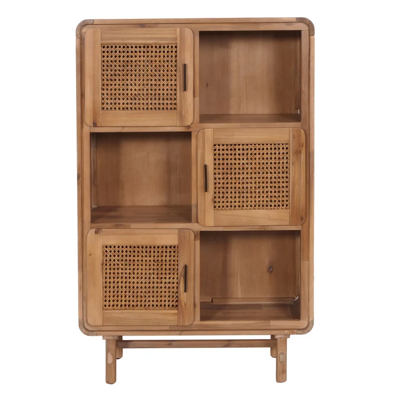 Buffet six compartiments de rangement et trois portes rotin bois massif d'acacia teinté 141x90x35 cm 04_0005979