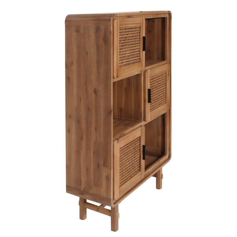 Buffet six compartiments de rangement et trois portes rotin bois massif d'acacia teinté 141x90x35 cm 04_0005979