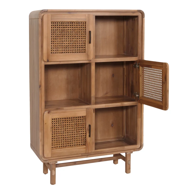 Buffet six compartiments de rangement et trois portes rotin bois massif d'acacia teinté 141x90x35 cm 04_0005979