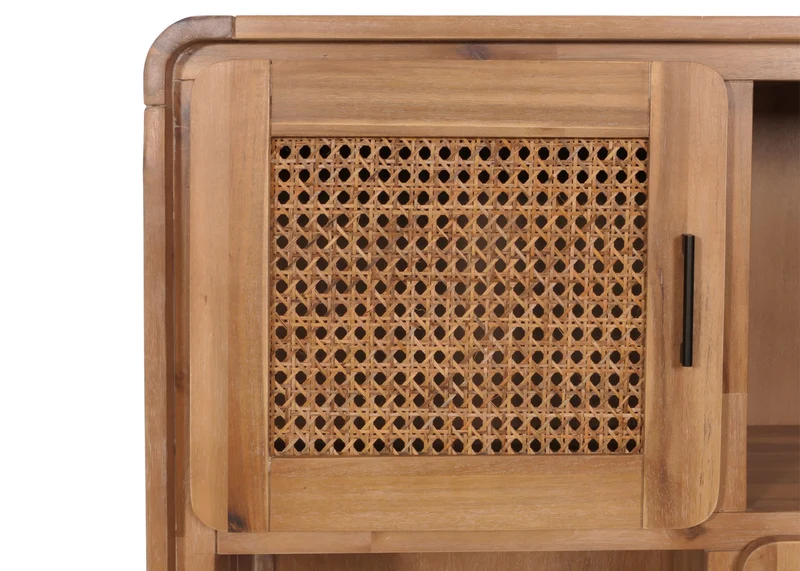 Buffet six compartiments de rangement et trois portes rotin bois massif d'acacia teinté 141x90x35 cm 04_0005979