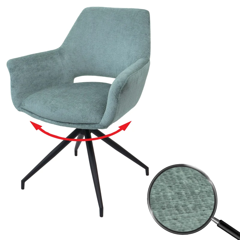 Chaise de salle à manger rembourrée avec accoudoirs assise rotatif en tissu gris-bleu structure trépied 04_0006351