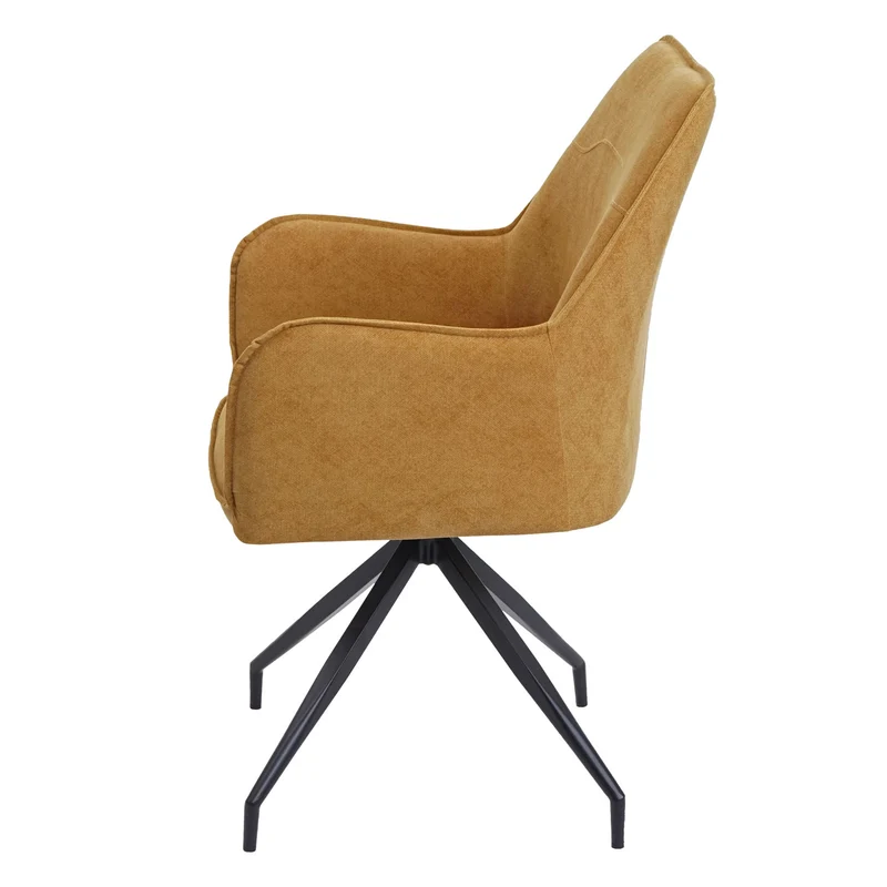 Chaise de salle à manger rembourrée avec accoudoirs en tissu jaune et structure trépied en métal 04_0006320