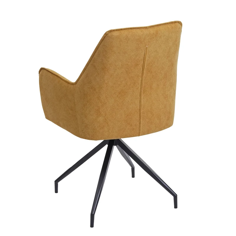 Chaise de salle à manger rembourrée avec accoudoirs en tissu jaune et structure trépied en métal 04_0006320