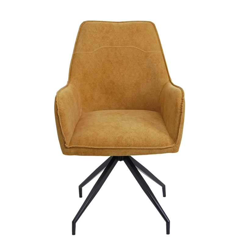 Chaise de salle à manger rembourrée avec accoudoirs en tissu jaune et structure trépied en métal 04_0006320