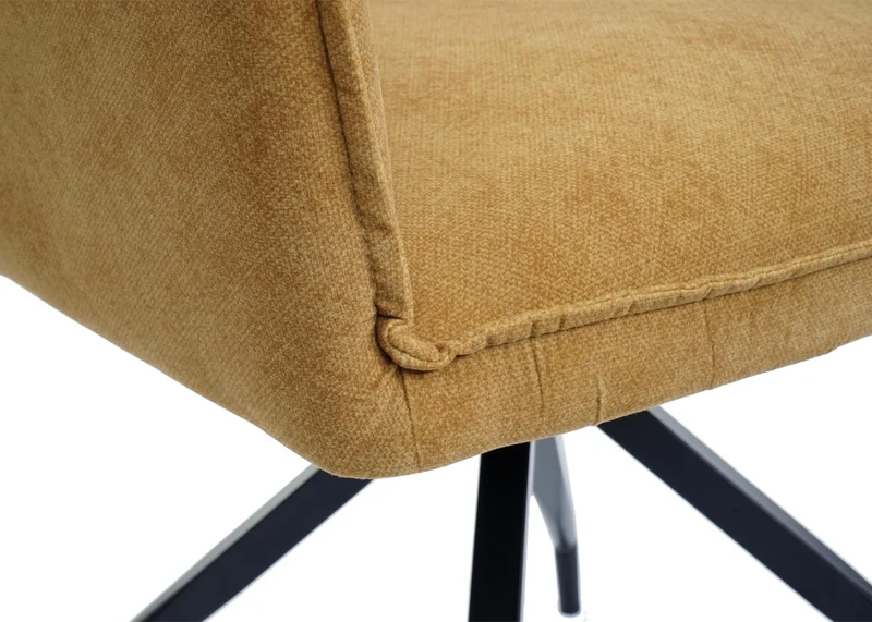 Chaise de salle à manger rembourrée avec accoudoirs en tissu jaune et structure trépied en métal 04_0006320