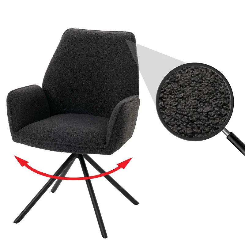 Chaise de salle à manger avec accoudoir siège rotatif en tissu bouclé gris foncé cadre trépied 04_0006276
