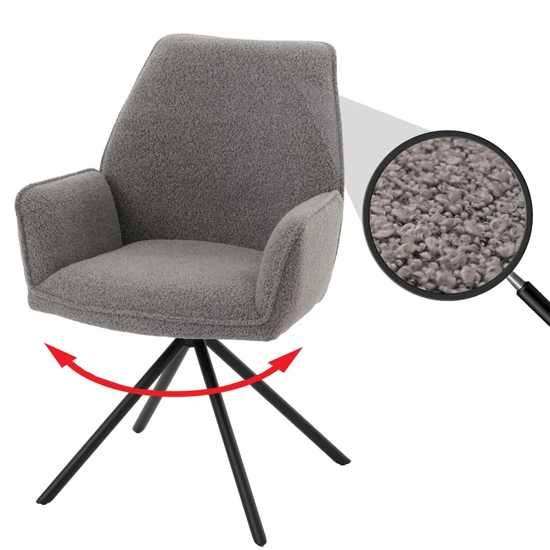 Chaise de salle à manger avec accoudoir siège rotatif en tissu bouclé gris clair cadre trépied 04_0006273