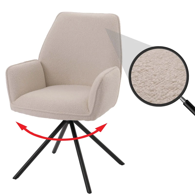 Chaise de salle à manger avec accoudoir siège rotatif en tissu bouclé crème cadre trépied 04_0006272