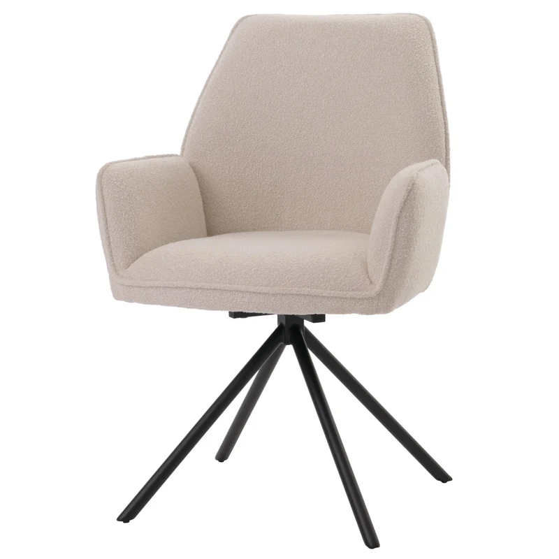 Chaise de salle à manger avec accoudoir siège rotatif en tissu bouclé crème cadre trépied 04_0006272