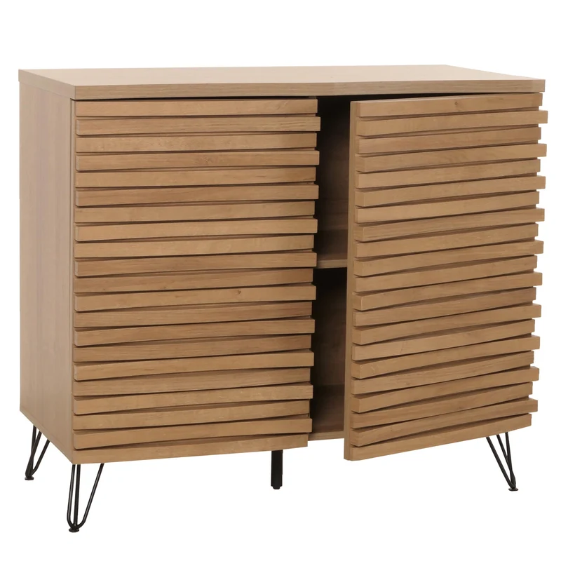 Commode armoire buffet avec 2 portes et 4 compartiments de rangement en bois massif manguier et métal 85x95x45 cm 04_0006524