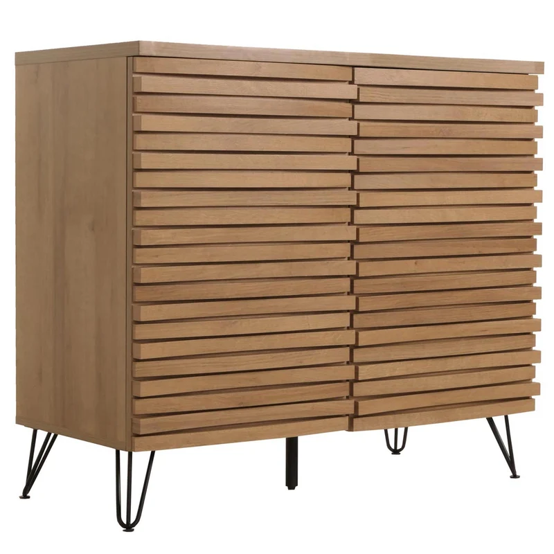 Commode armoire buffet avec 2 portes et 4 compartiments de rangement en bois massif manguier et métal 85x95x45 cm 04_0006524