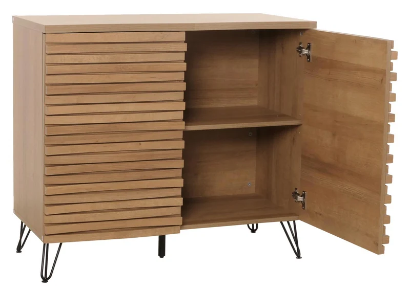 Commode armoire buffet avec 2 portes et 4 compartiments de rangement en bois massif manguier et métal 85x95x45 cm 04_0006524