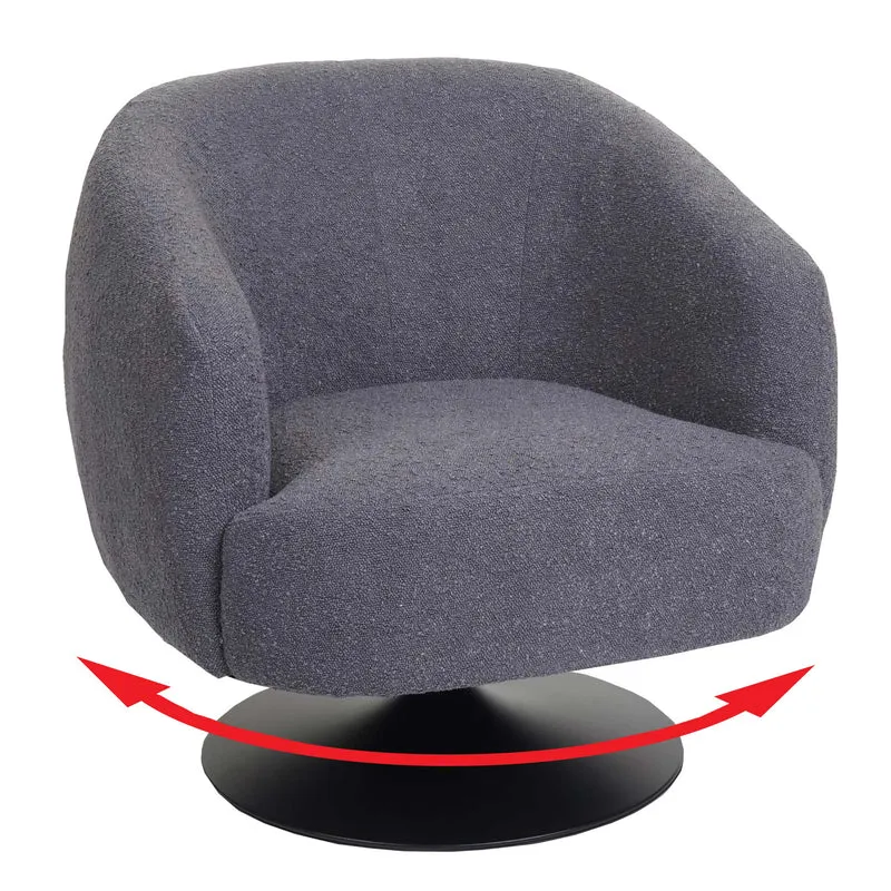 Fauteuil lounge cocktail pivotant coins et bords arrondis en tissu bouclé gris foncé et métal 04_0006852