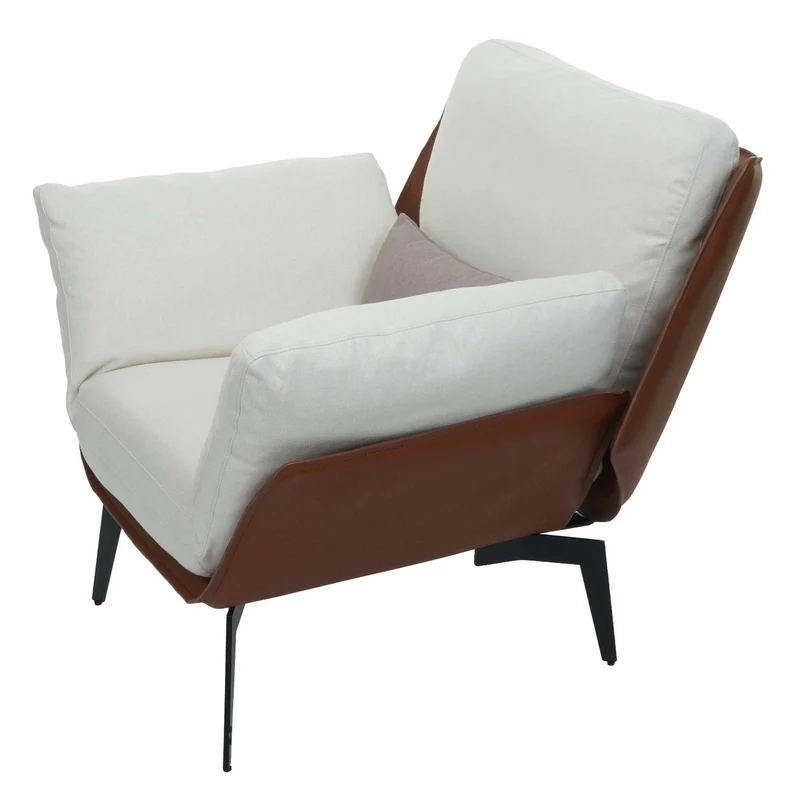 Fauteuil lounge chaise de cocktail rembourrée relaxation en PVC marron foncé et tissu crème métal noir 04_0006840