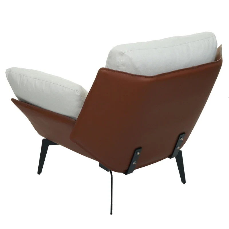 Fauteuil lounge chaise de cocktail rembourrée relaxation en PVC marron foncé et tissu crème métal noir 04_0006840