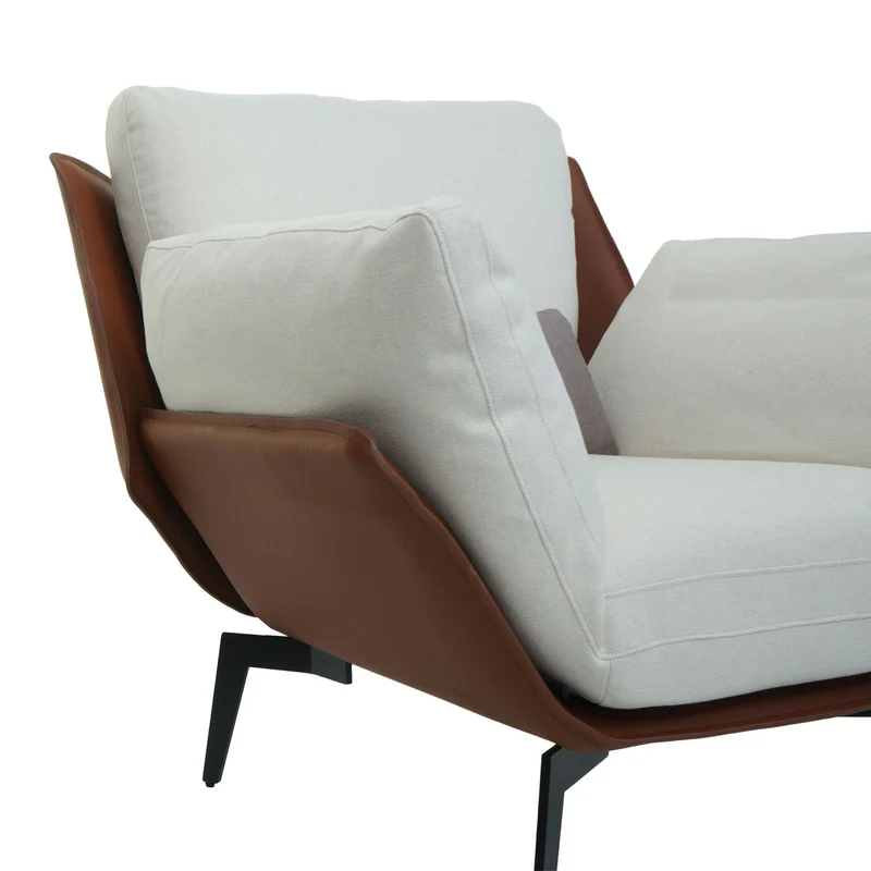 Fauteuil lounge chaise de cocktail rembourrée relaxation en PVC marron foncé et tissu crème métal noir 04_0006840