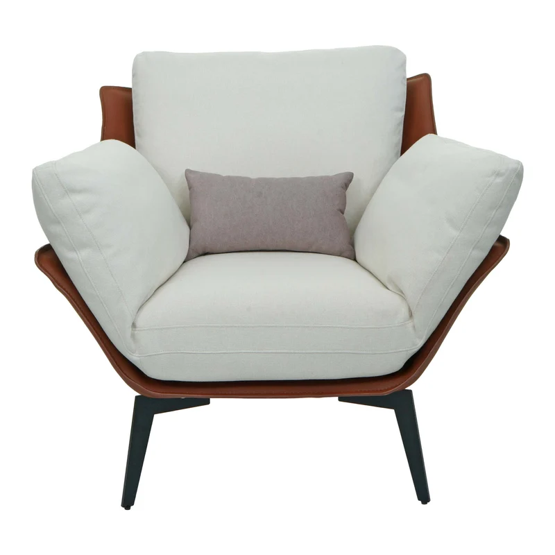 Fauteuil lounge chaise de cocktail rembourrée relaxation en PVC marron foncé et tissu crème métal noir 04_0006840