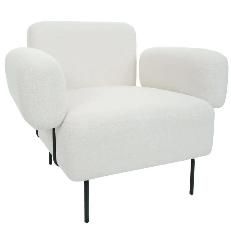 Fauteuil lounge assise large avec accoudoirs assise rembourrée tissu bouclé blanc crème et métal 04_000639