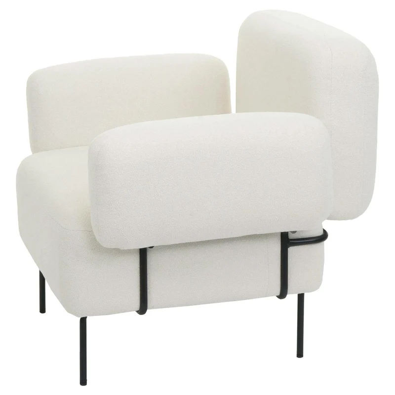 Fauteuil lounge assise large avec accoudoirs assise rembourrée tissu bouclé blanc crème et métal 04_000639