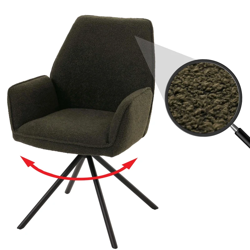 Chaise de salle à manger avec accoudoir assise rotatif en tissu bouclé vert olive care trépied 04_0006277