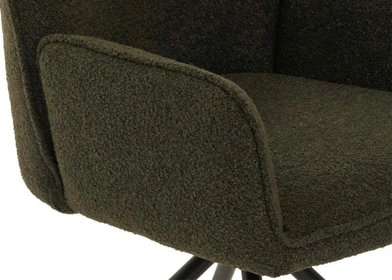 Chaise de salle à manger avec accoudoir assise rotatif en tissu bouclé vert olive care trépied 04_0006277