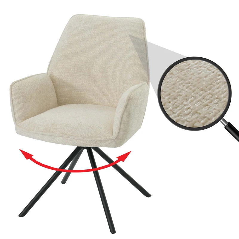 Chaise de salle à manger avec accoudoir assise rotatif en tissu chenille crème cadre trépied 04_0006278