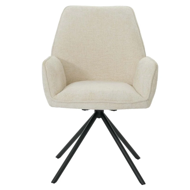 Chaise de salle à manger avec accoudoir assise rotatif en tissu chenille crème cadre trépied 04_0006278