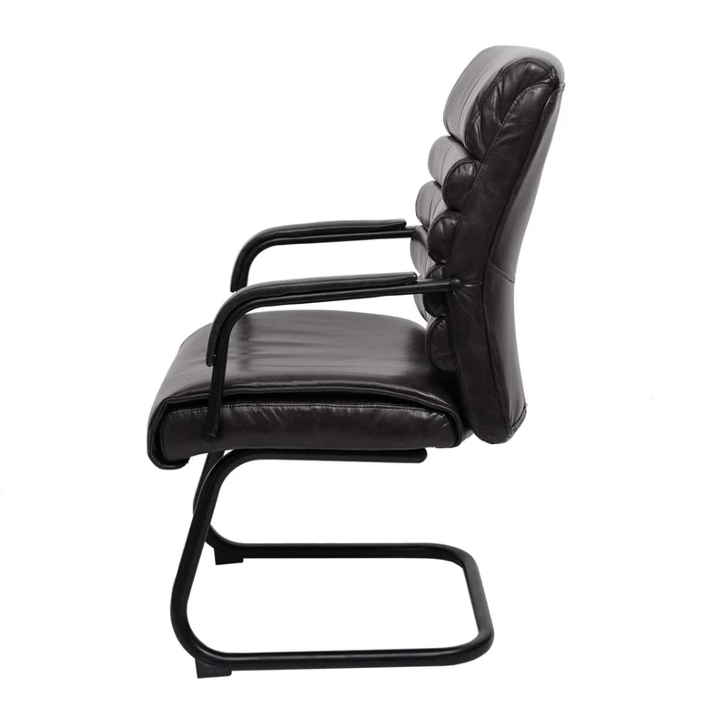 Fauteuil de bureau sans roulettes chaise de conférence vintage aspect daim PVC noir et métal 04_0006245