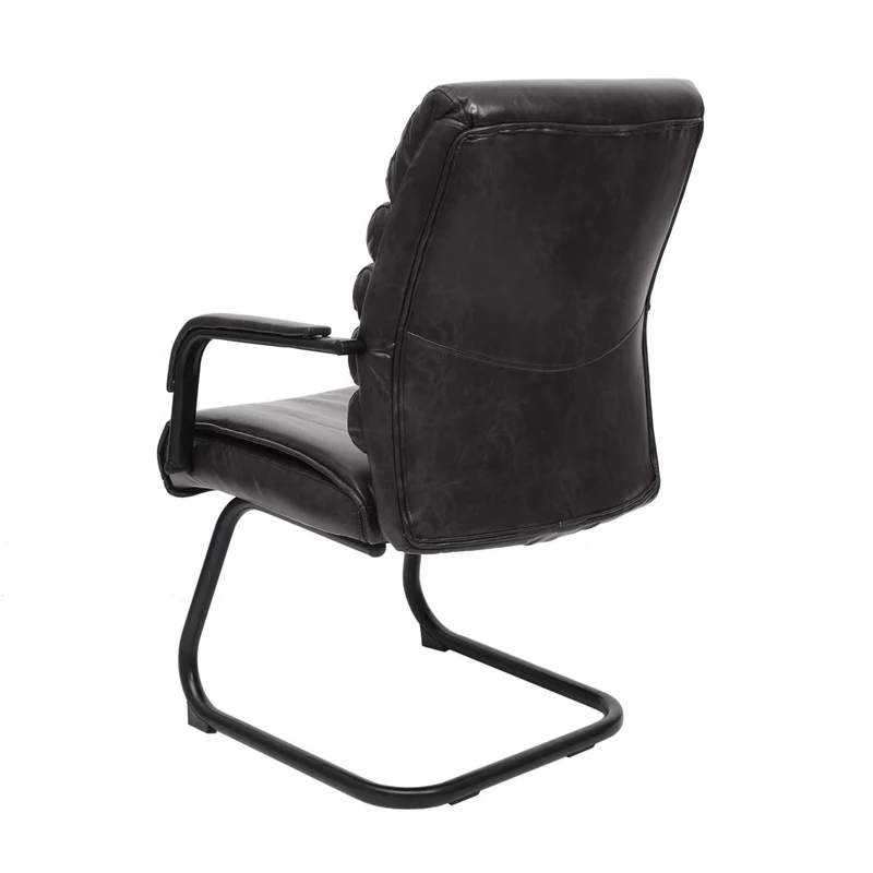 Fauteuil de bureau sans roulettes chaise de conférence vintage aspect daim PVC noir et métal 04_0006245