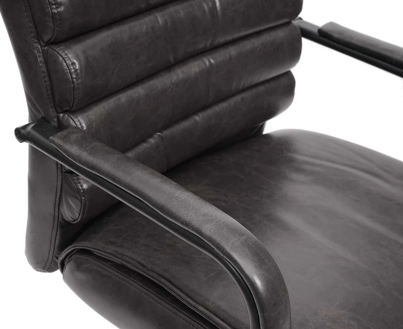 Fauteuil de bureau sans roulettes chaise de conférence vintage aspect daim PVC noir et métal 04_0006245