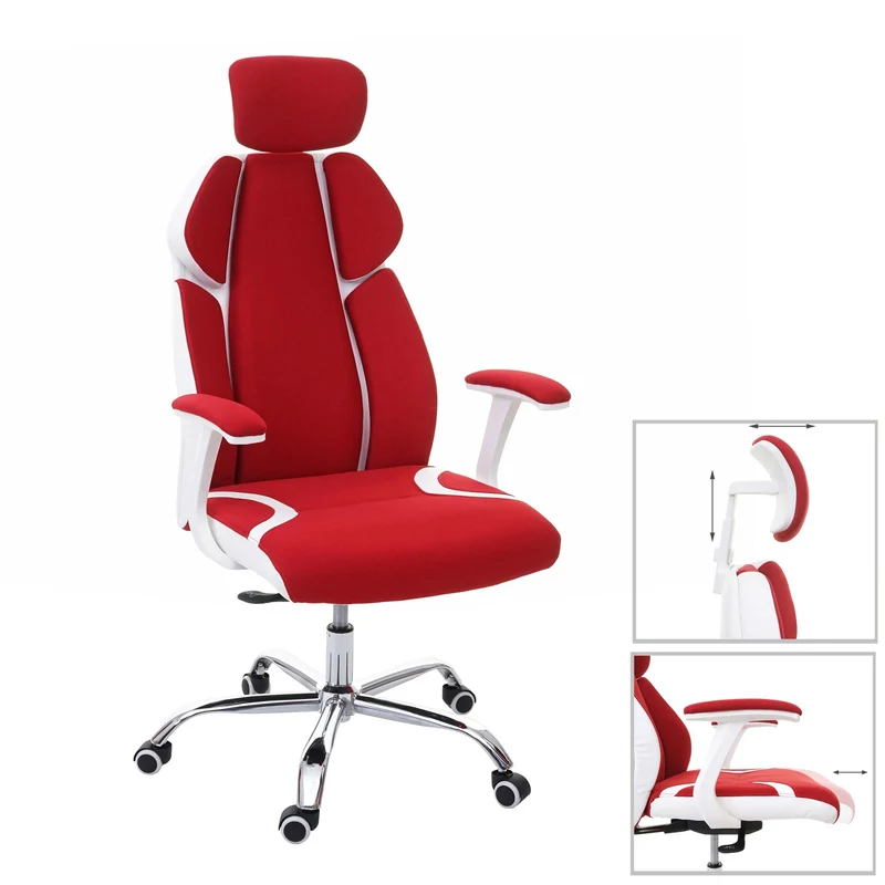 Fauteuil de bureau pivotant mécanisme à bascule dossier accoudoirs en tissu + PVC rouge/blanc 04_0006206